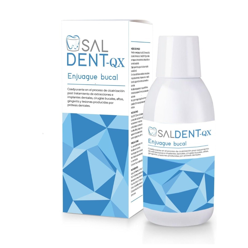 Enjuague bucal SALDENT-QX, Tratamiento Postextracción e Implantes, Previene Caries, Elimina Mal Aliento, Protege Encías, Cura Lesiones
